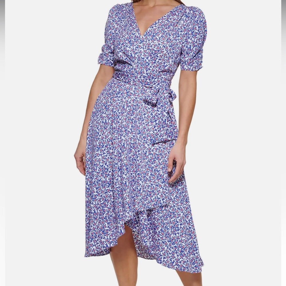 DKNY FLORAL KNEE LENGTH FAUX WRAP DRESS NEW SIZE 14 blue pink white back…